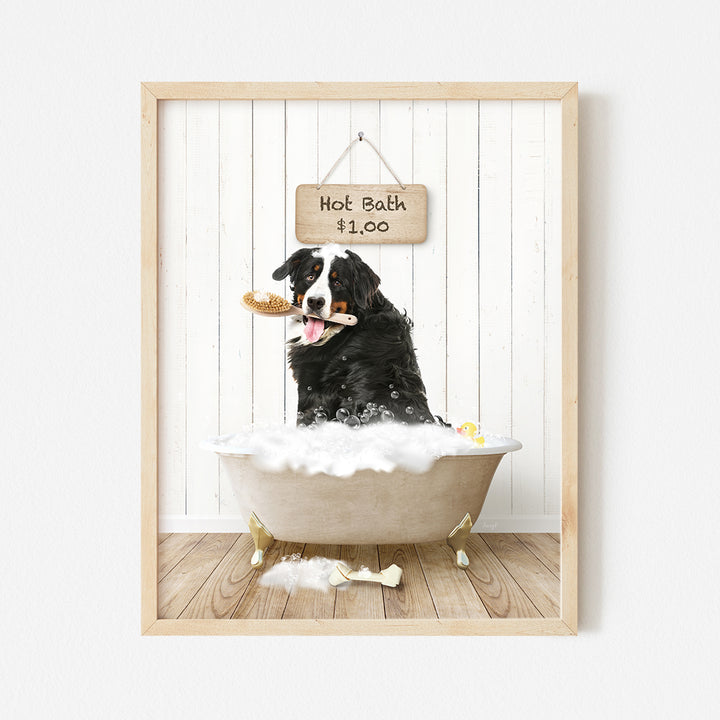 a black and white dog sitting in a bathtub with a hot dog in it