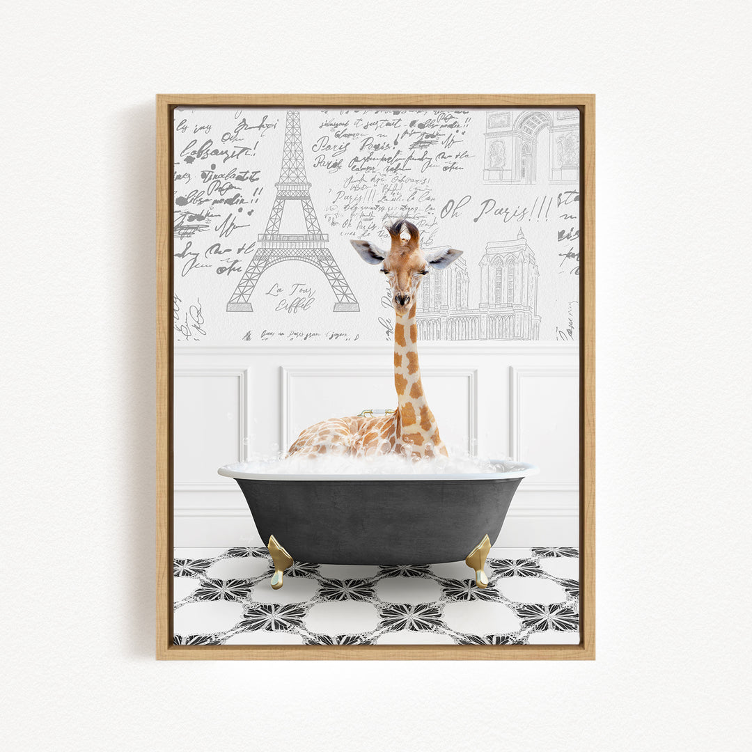 A giraffe sitting in a bathtub filled with bubbles, surrounded by a Paris-themed background with the Eiffel Tower and other landmarks.