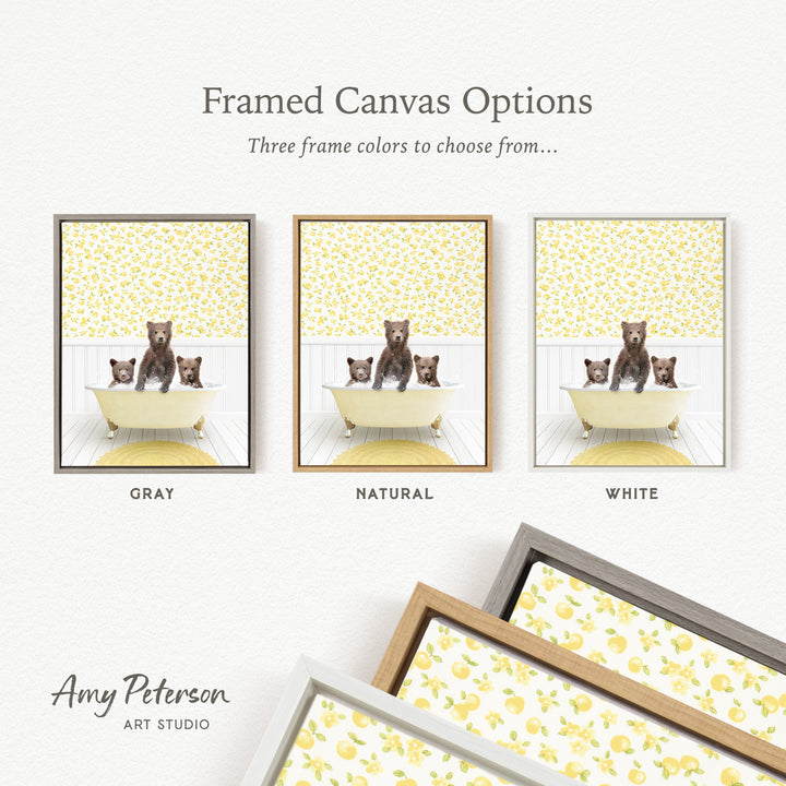 The image is a framed canvas option showcasing three different framed canvas options for a painting of bears in a bathtub. The options include a gray frame, a natural frame, and a white frame.