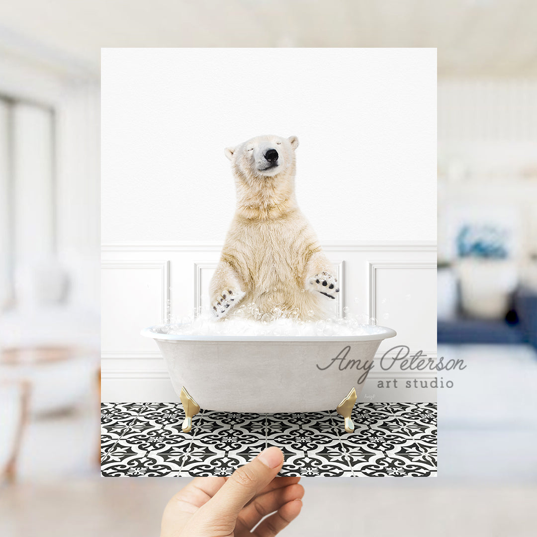 a polar bear sitting in a bath tub