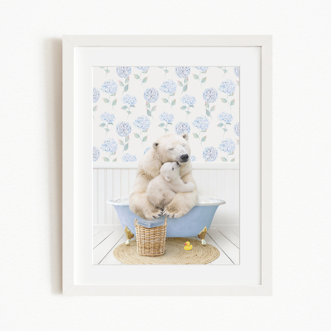 A polar bear and a cub are sitting together in a bathtub, with a blue floral wallpaper in the background.