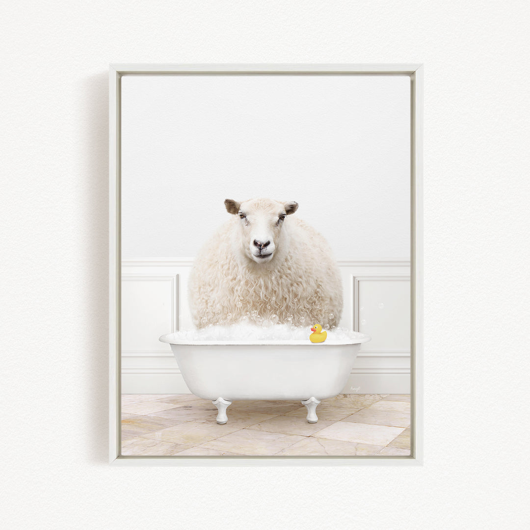 A fluffy white sheep sits in a white bathtub, with a yellow rubber duck floating on the water.