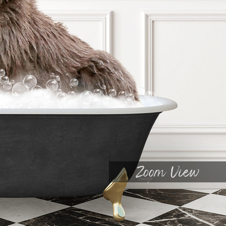 A close-up of a dog's paw submerged in a bathtub filled with bubbles, with a gold bathtub faucet and a black and white checkered floor in the background.