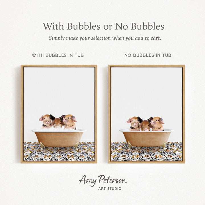 The image is a collage of two framed pictures, each depicting a group of small animals, likely hamsters, sitting in a bathtub. The text above the images reads "With Bubbles or No Bubbles" and below the images, it says "Simply make your selection when you add to cart."