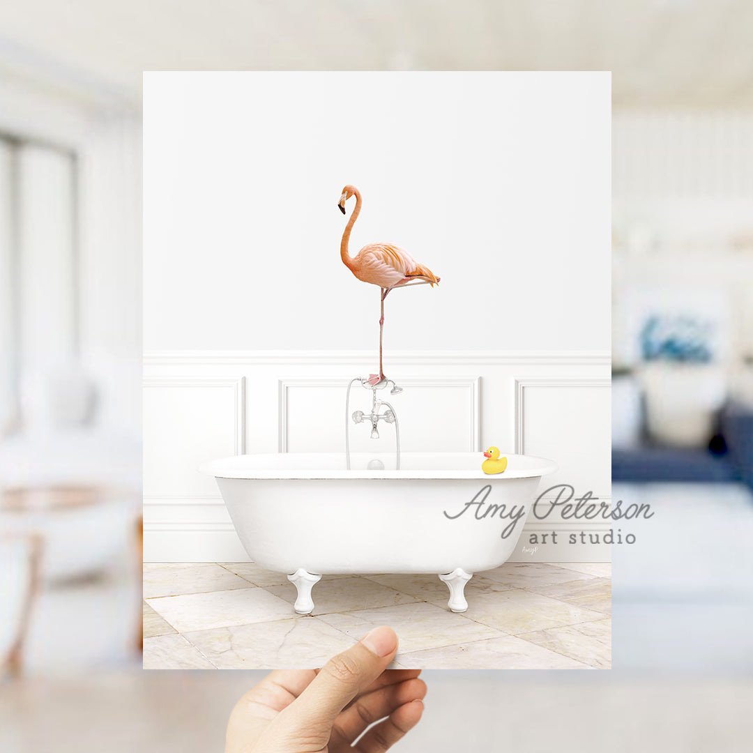 a pink flamingo standing on a bathtub in a white bathroom