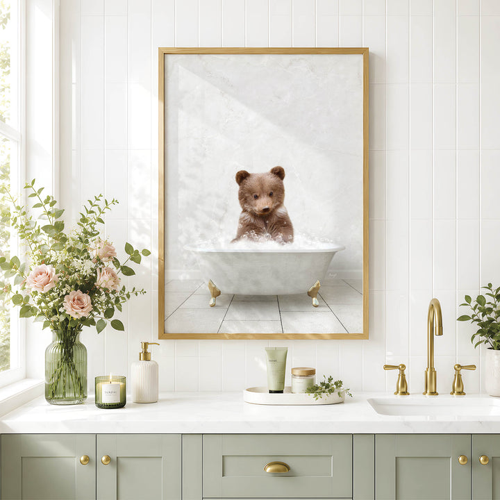 a bathroom with a framed picture of a bear sitting in a bathtub, surrounded by flowers and candles.