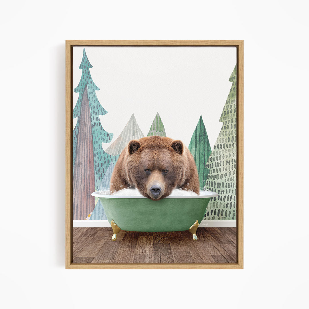 A brown bear is sitting in a green bathtub, surrounded by a forest scene with trees and pine trees in the background.