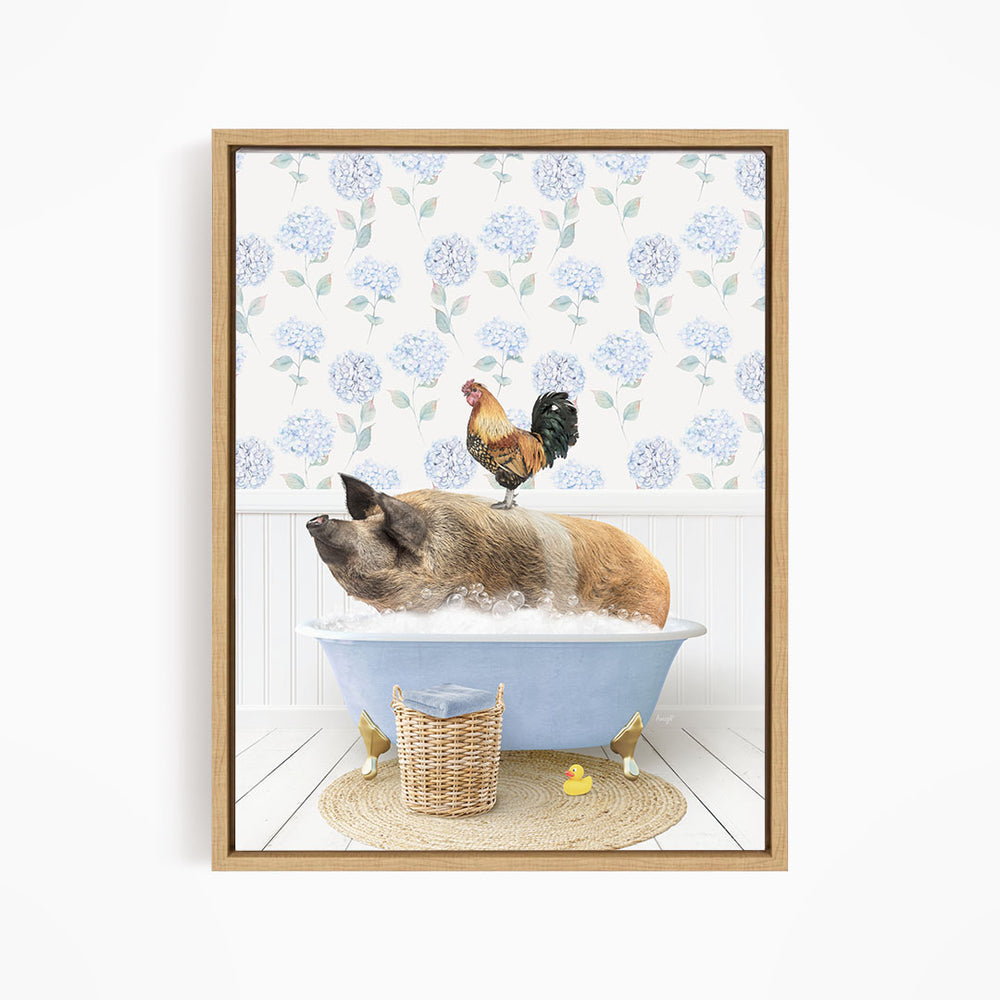A pig sitting in a bathtub, with a rooster perched on its back, and a basket of rubber ducks nearby.