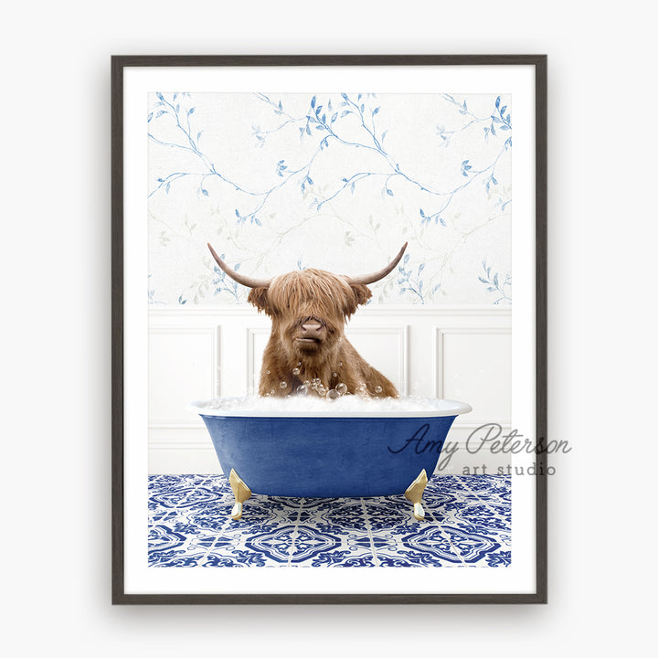 a brown dog sitting in a blue bath tub