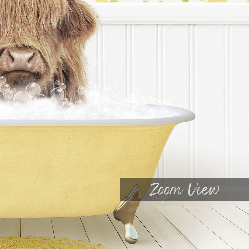 A yellow bathtub filled with bubbles, with a cow's head peeking out from the tub.