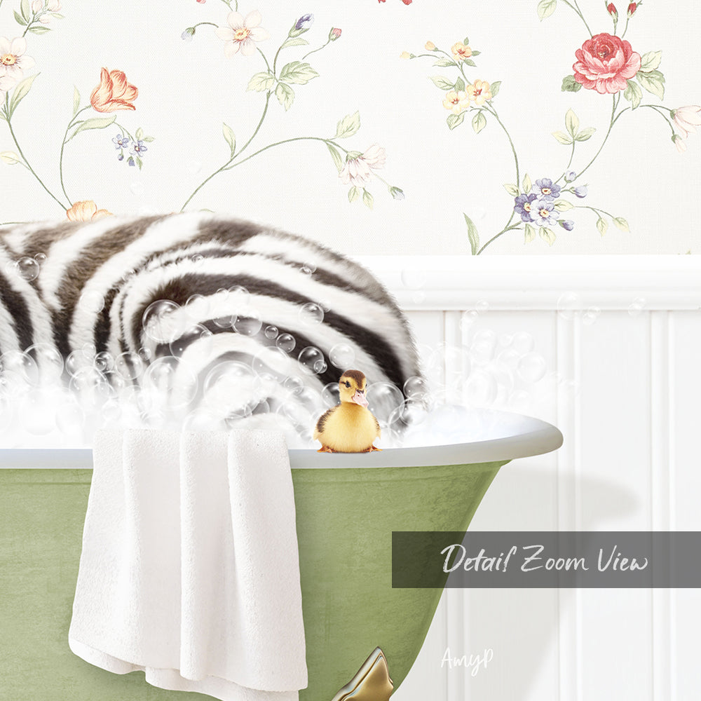 A zebra standing in a bathtub filled with bubbles, with a small yellow bird perched on the edge of the tub.