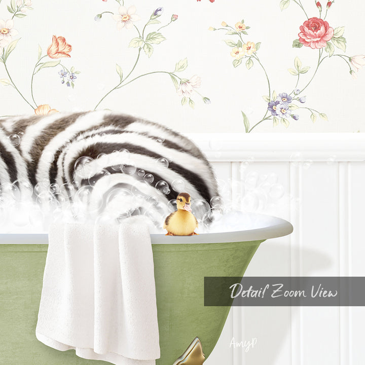 A zebra standing in a bathtub filled with bubbles, with a small yellow bird perched on the edge of the tub.