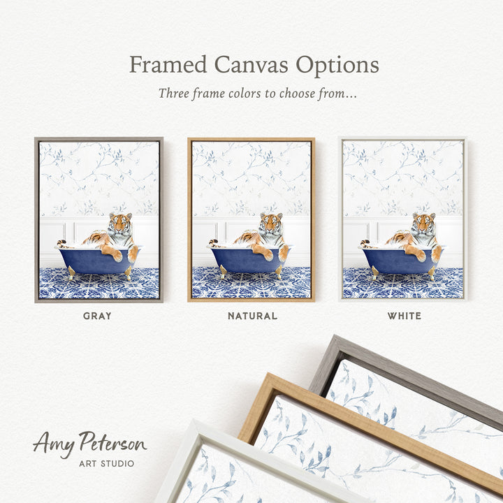 three framed canvas options featuring a tiger sitting in a bathtub, each with a different frame color: gray, natural, and white.