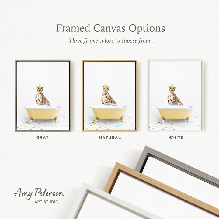 three framed canvas options, each featuring a cheetah sitting in a bathtub. The options include a gray frame, a natural frame, and a white frame.