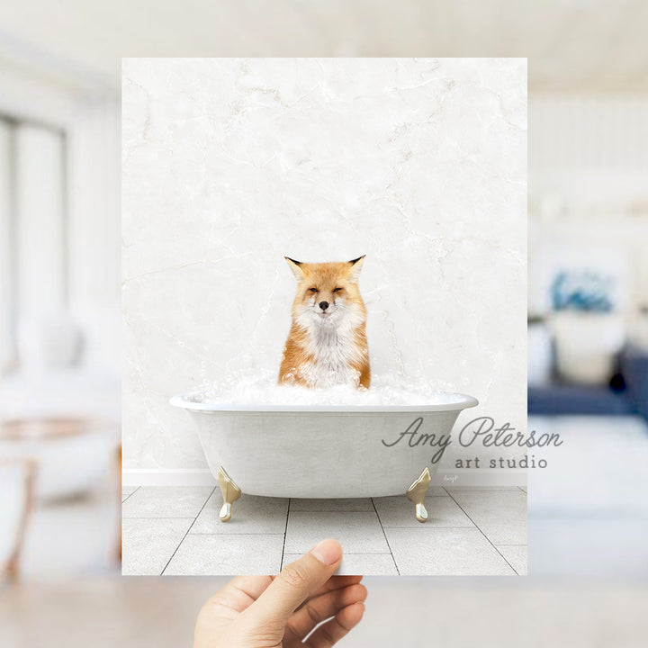 a hand holding up a card with a picture of a dog in a bathtub