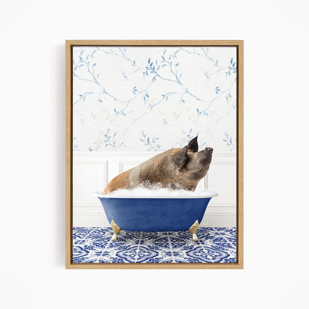 A pig sitting in a blue bathtub filled with water, surrounded by a blue and white patterned rug.