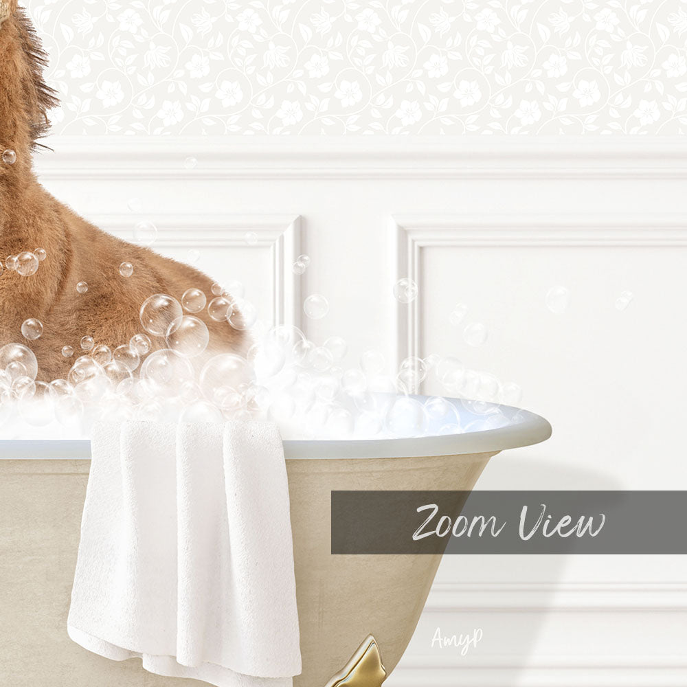 A dog is sitting in a bathtub filled with bubbles, with a towel draped over the side of the tub.