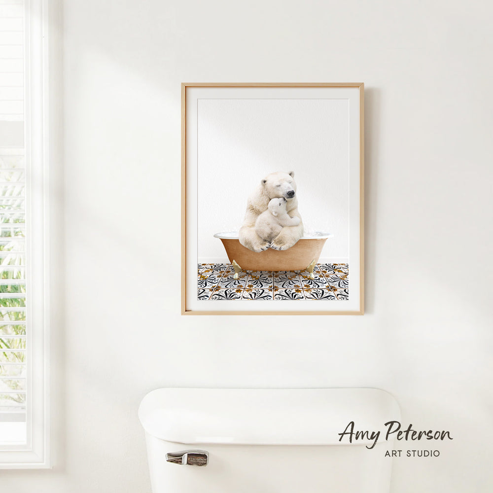 A framed image of a polar bear sitting in a bathtub, with a patterned tile on the floor.