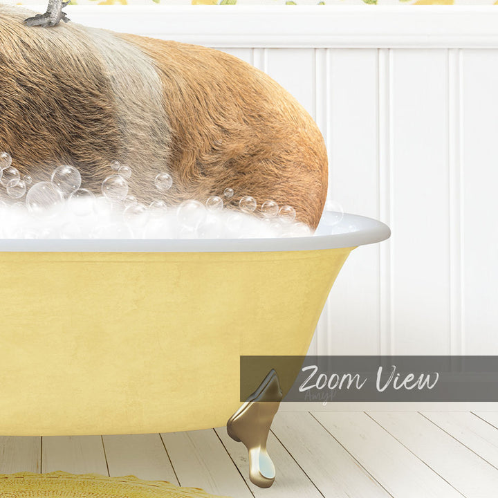 A dog is sitting in a yellow bathtub filled with bubbles, enjoying a relaxing bath.