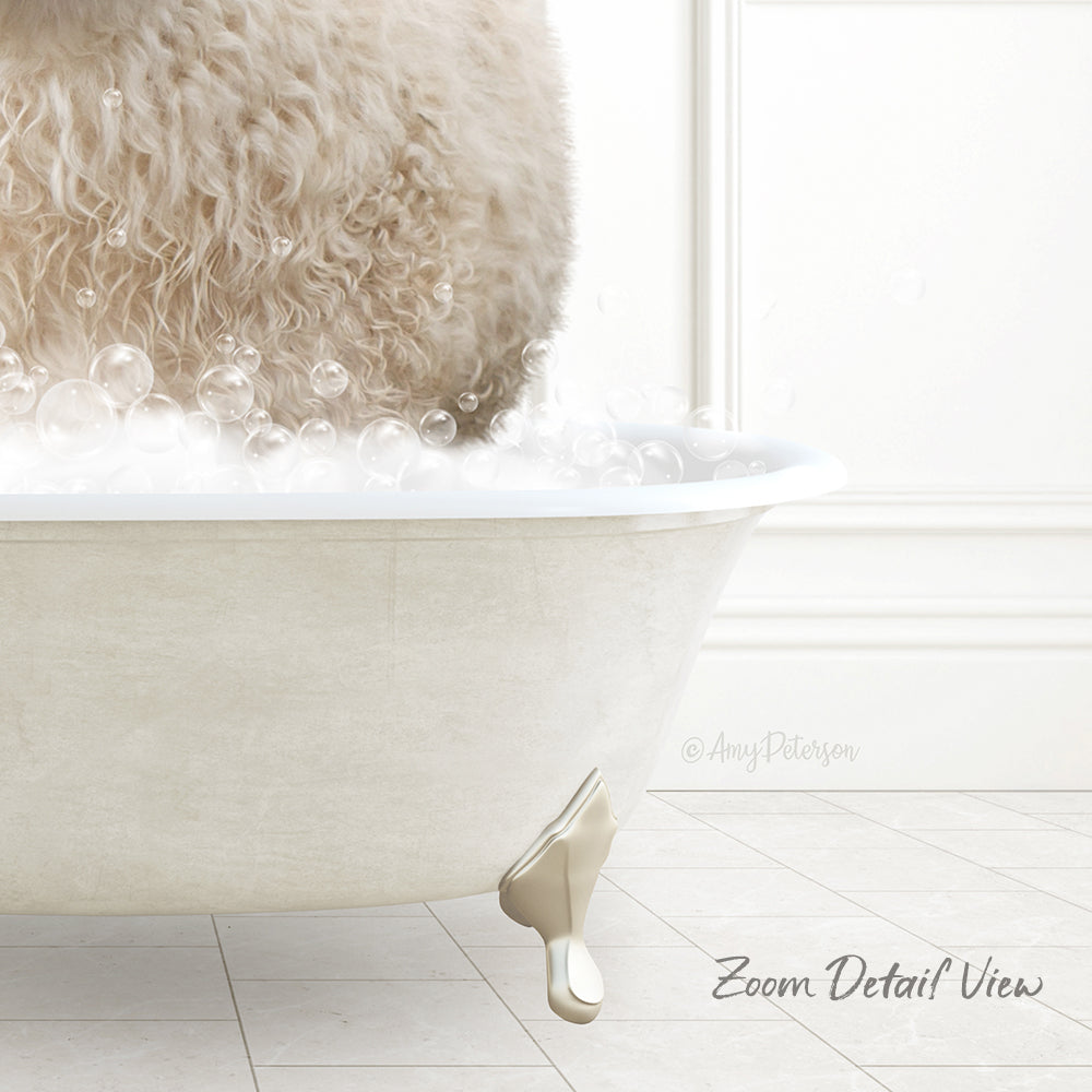 A fluffy white dog is sitting in a bathtub filled with bubbles, enjoying a bath.