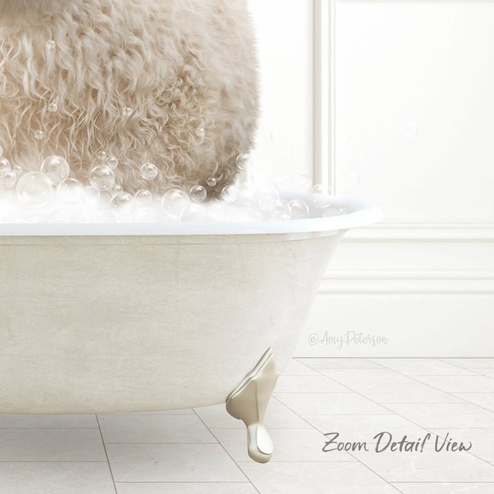 A fluffy white dog is sitting in a bathtub filled with bubbles, enjoying a bath.