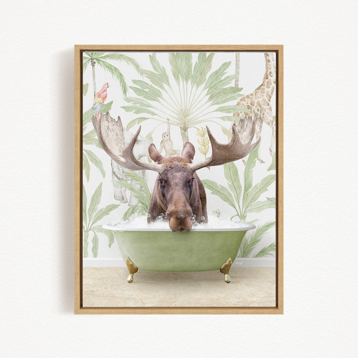 A moose is sitting in a green bathtub, surrounded by tropical foliage and animals, creating a whimsical and playful scene.