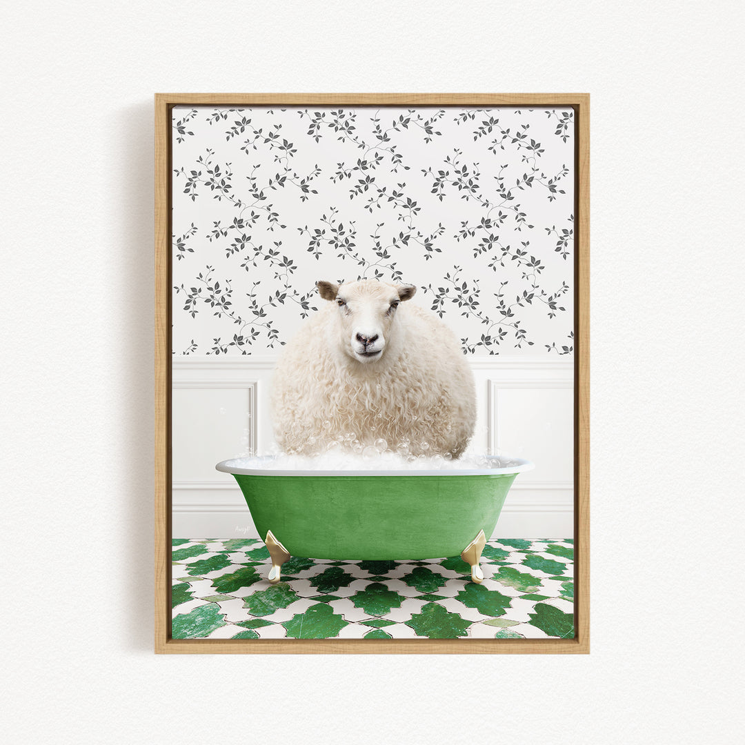 A fluffy white sheep sits in a green bathtub filled with bubbles, surrounded by a patterned green and white rug.
