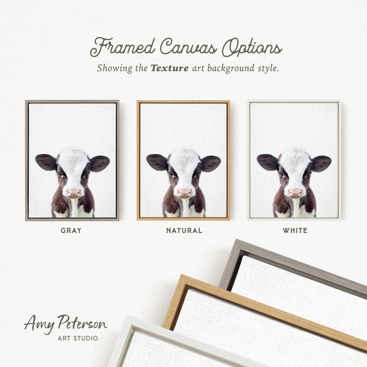 three framed canvas options, each with a different background color: gray, natural, and white. The text above the canvas options reads " Framed Canvas Options" and "Showing the Texture art background style." The artist's name, Amy Peterson, is also mentioned at the bottom of the image.