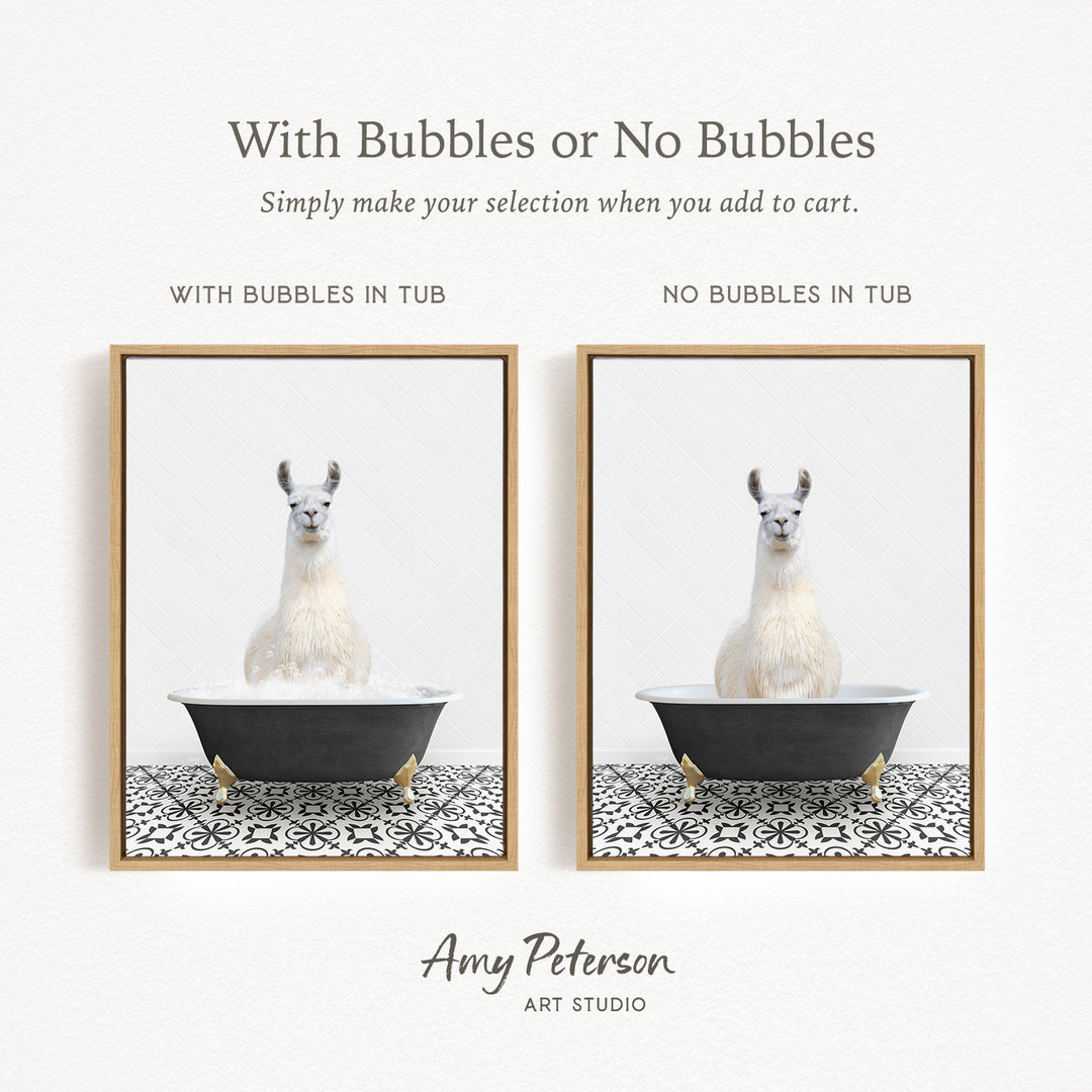 The image is a collage of two framed pictures, each featuring a white llama sitting in a tub. The text above the images reads "With Bubbles or No Bubbles" and below the images, it says "Simply make your selection when you add to cart."