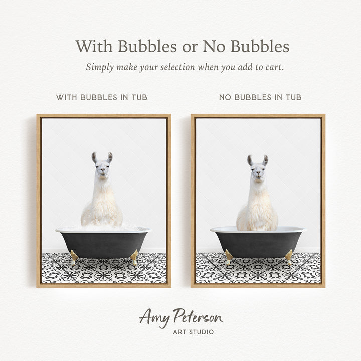 The image is a collage of two framed pictures, each featuring a white llama sitting in a tub. The text above the images reads "With Bubbles or No Bubbles" and below the images, it says "Simply make your selection when you add to cart."
