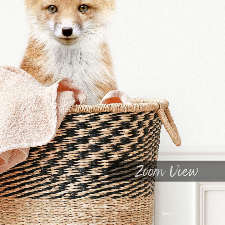 A young fox sits in a woven basket, its eyes focused and alert.