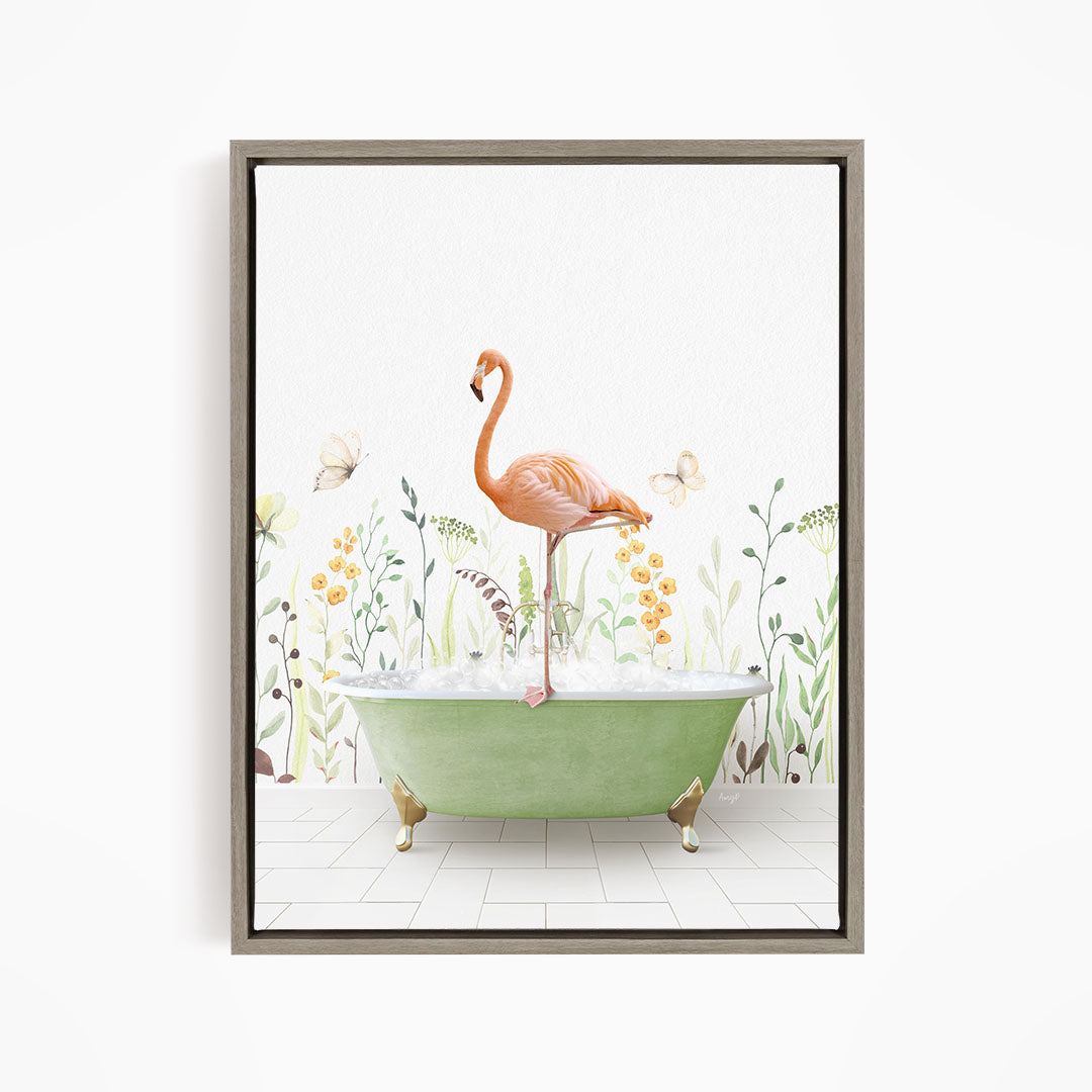 A pink flamingo stands on the edge of a green bathtub, surrounded by a floral and butterfly-themed background.