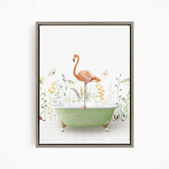 A pink flamingo stands on the edge of a green bathtub, surrounded by a floral and butterfly-themed background.
