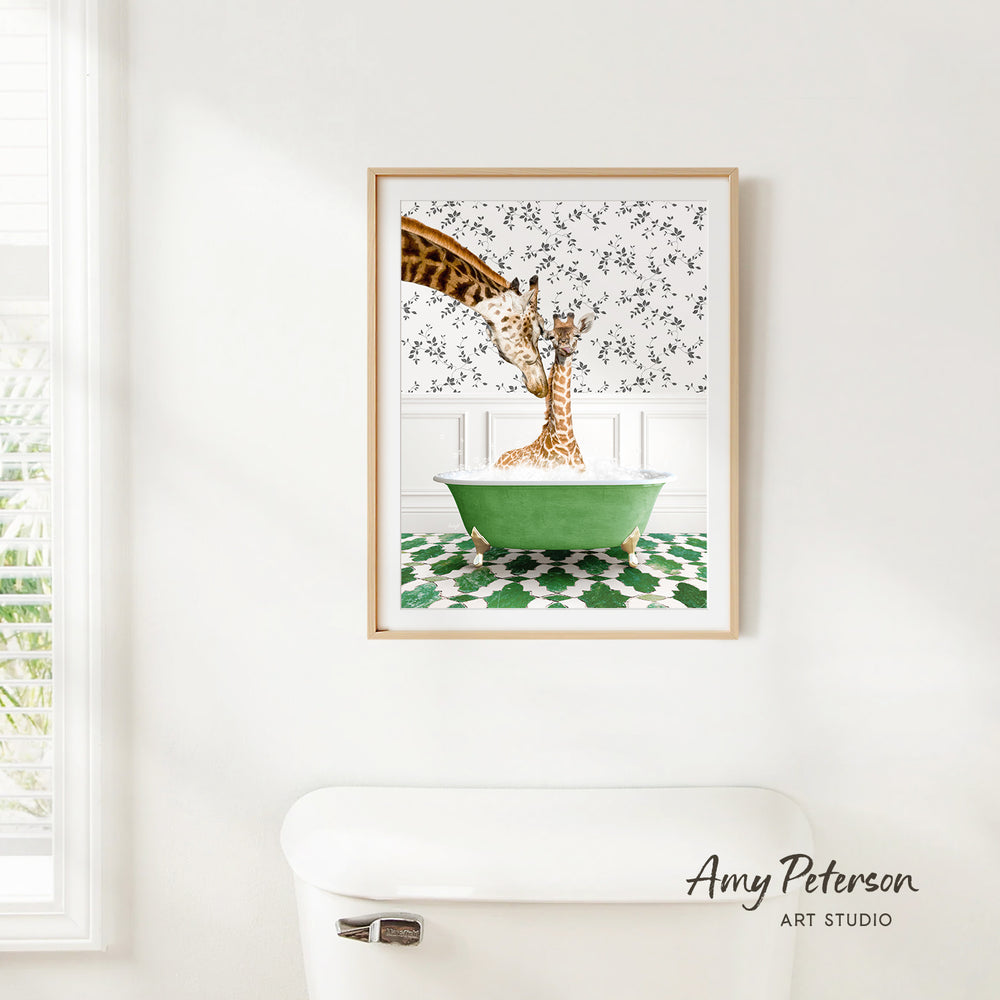 A framed painting of two giraffes sitting in a green bathtub, with a patterned wall behind them.