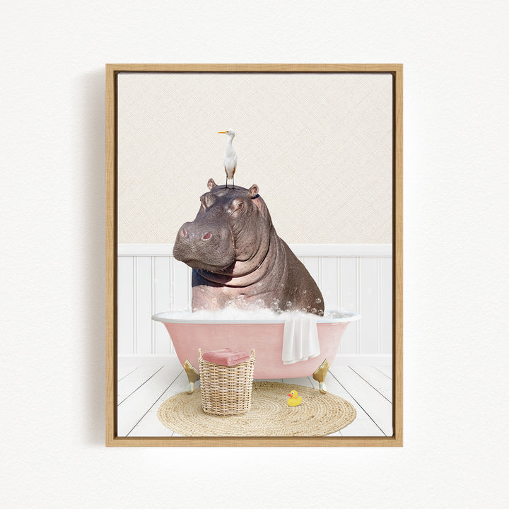 A hippopotamus sitting in a pink bathtub, with a bird perched on its head.