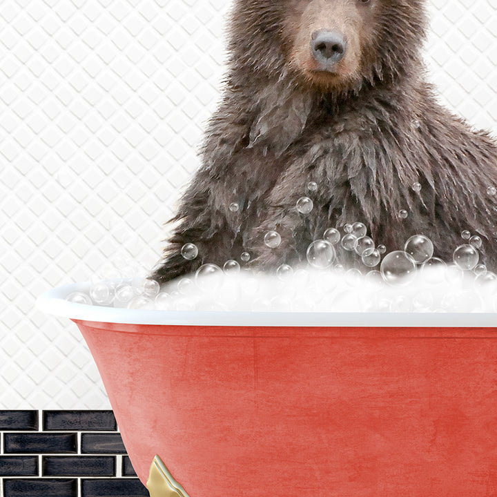 a brown bear sitting in a bathtub filled with bubbles