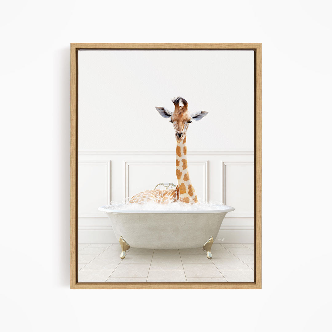 A giraffe sitting in a white bathtub filled with bubbles, creating a whimsical and playful scene.