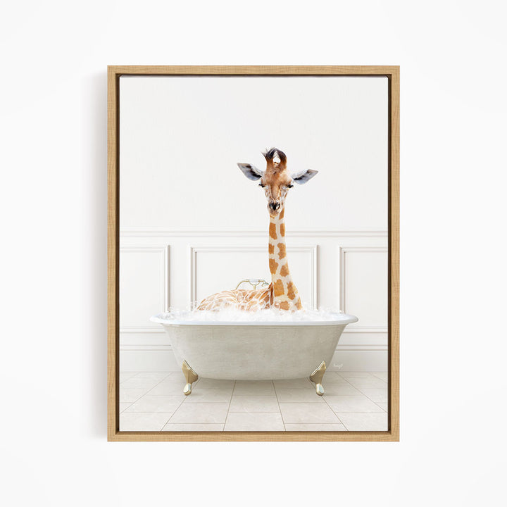 A giraffe sitting in a white bathtub filled with bubbles, creating a whimsical and playful scene.