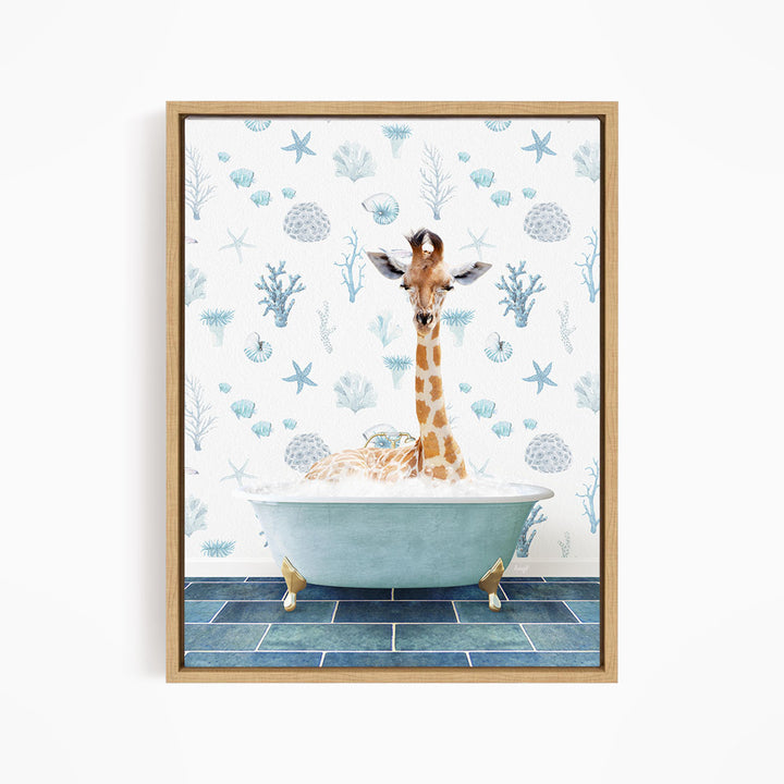 A giraffe is sitting in a blue bathtub filled with water, surrounded by a pattern of seashells, starfish, and other marine life.