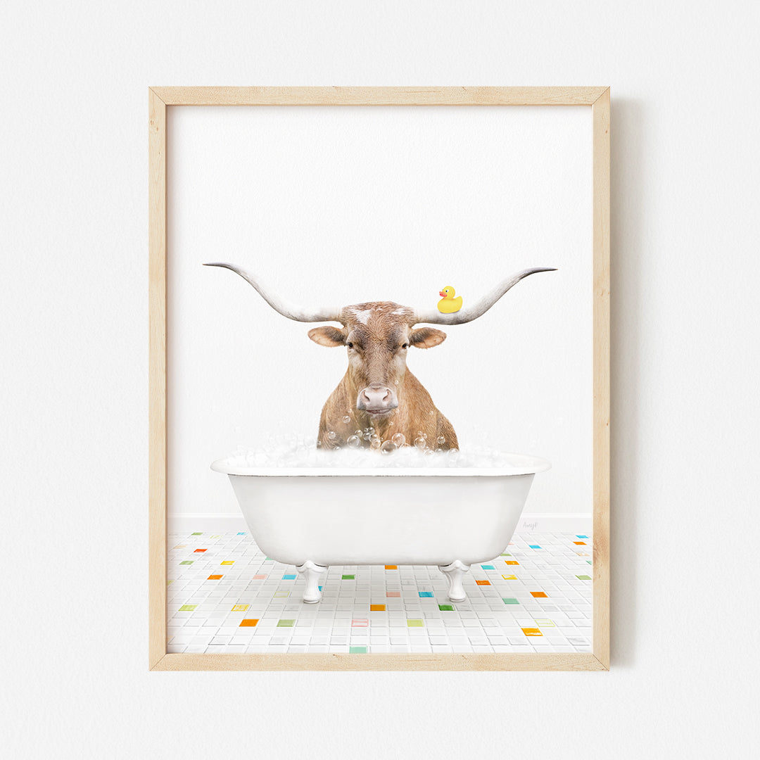 a picture of a bull in a bathtub with a rubber duck