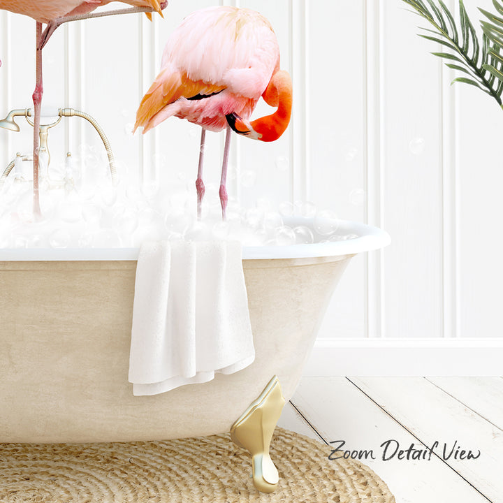 A pink flamingo standing in a bathtub filled with water, with a towel hanging on the side and a plant in the background.