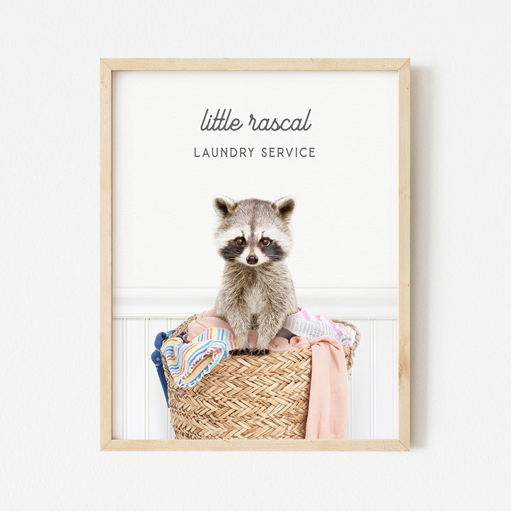 a raccoon is sitting in a laundry basket