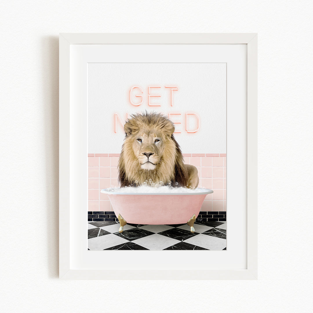 A lion sitting in a pink bathtub with the words "GET NICKED" written on the wall behind it.
