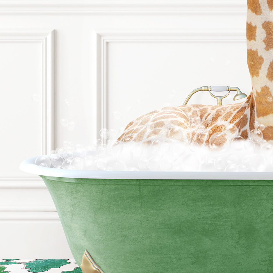 a giraffe laying down in a bathtub filled with foam