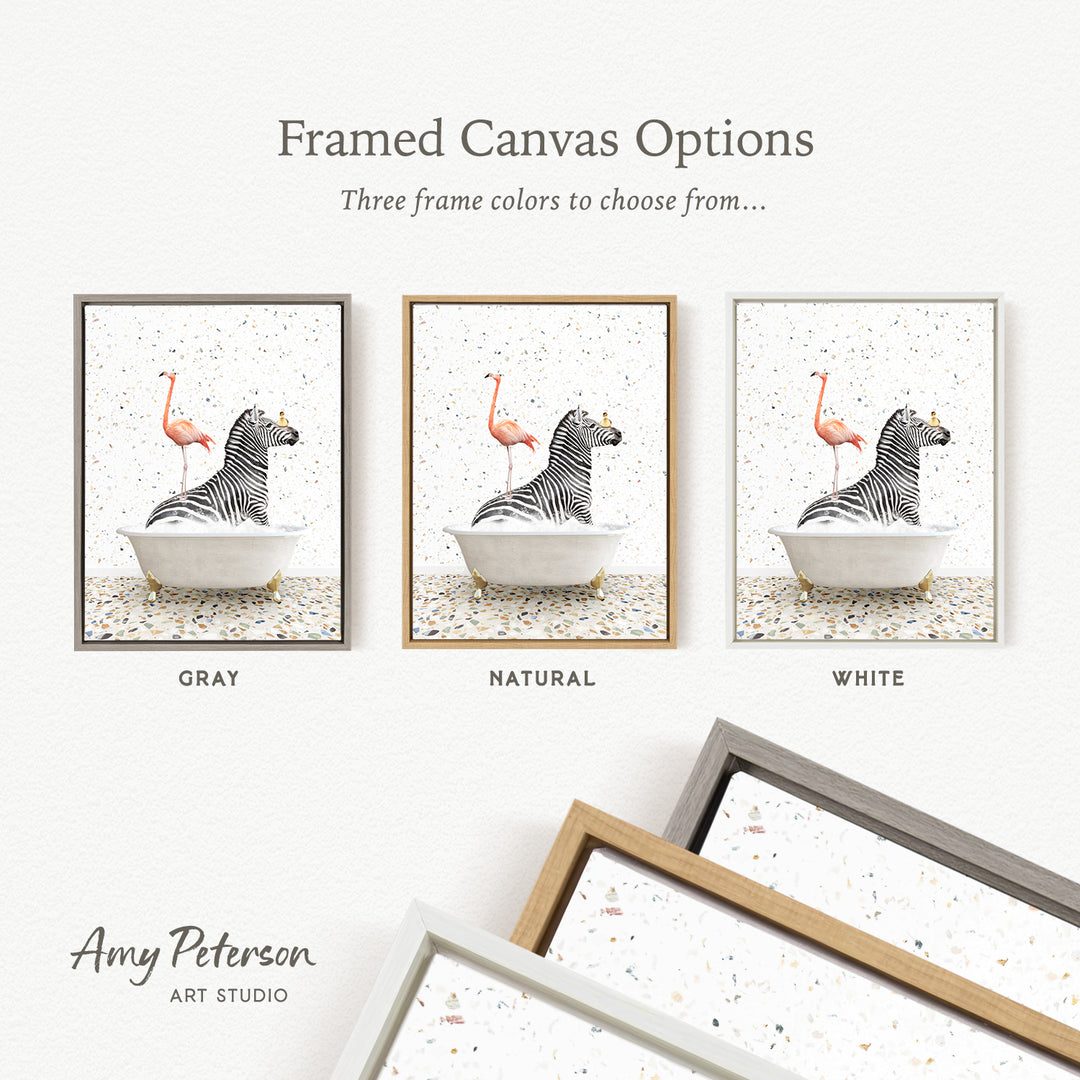 three framed canvas options featuring a zebra and a flamingo in a bathtub, with three different frame colors to choose from: gray, natural, and white.