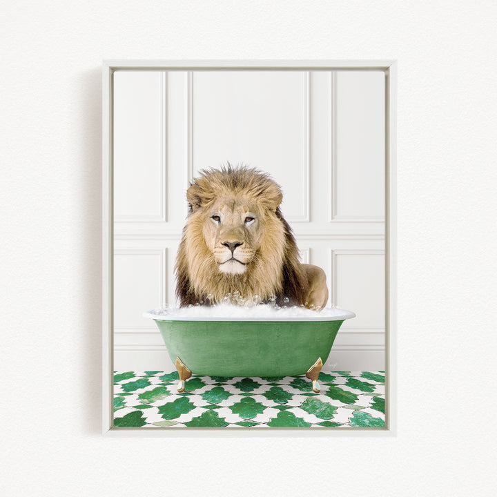 A lion sitting in a green bathtub filled with water, surrounded by a patterned green and white rug.