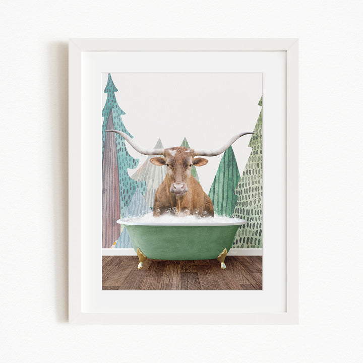 A brown cow with large horns is sitting in a green bathtub, surrounded by a forest scene with pine trees and a snowy landscape.