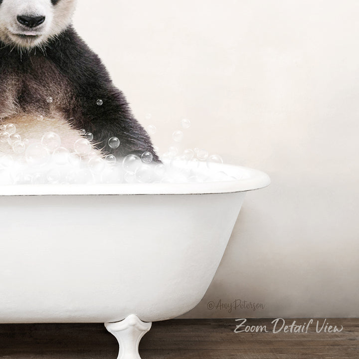 A panda bear sitting in a white bathtub filled with bubbles, creating a playful and whimsical scene.