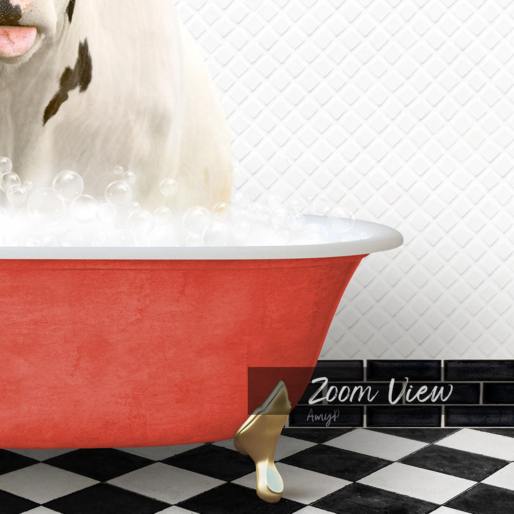 A white cow is sitting in a red bathtub filled with bubbles, with a black and white checkered floor and a tile wall in the background.