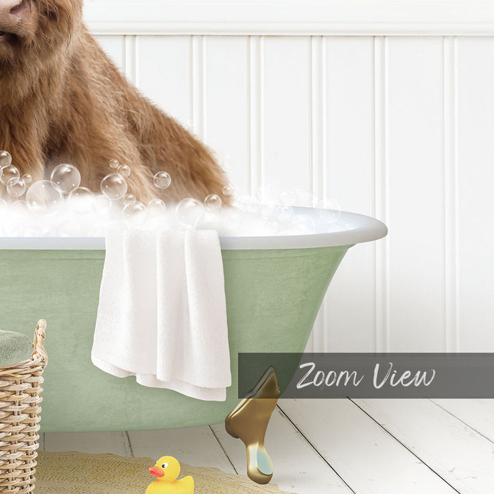 A brown dog is sitting in a green bathtub filled with bubbles, surrounded by a yellow rubber duck and a white towel.